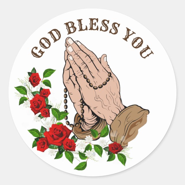 Praying Hands Rosary Red Roses God Bless You Classic Round Sticker (Front)