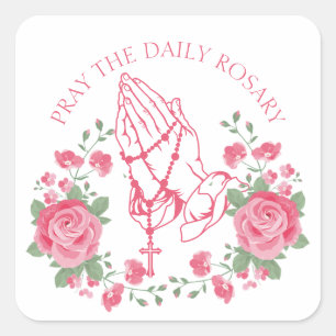 Praying Hands with Rosary and Pink Roses Square St Square Sticker