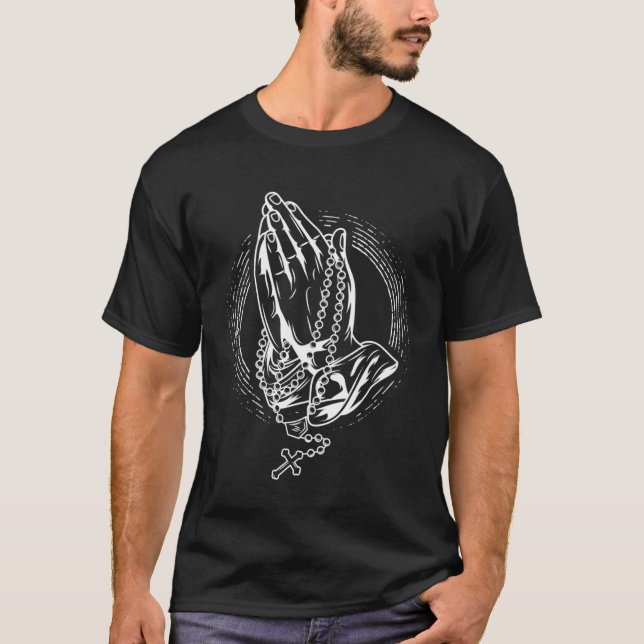 Praying hands with rose and rosary T-Shirt (Front)