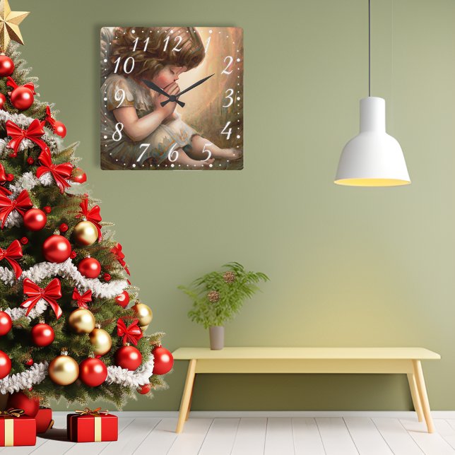 Praying Little Girl Angel Radiant Light Halo Square Wall Clock (Creator Uploaded)