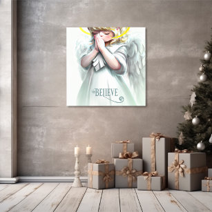 Praying Little Girl Angel Wings Believe Typography Faux Canvas Print