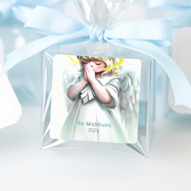 Praying Little Girl Angel Wings Custom Square Sticker (Creator Uploaded)