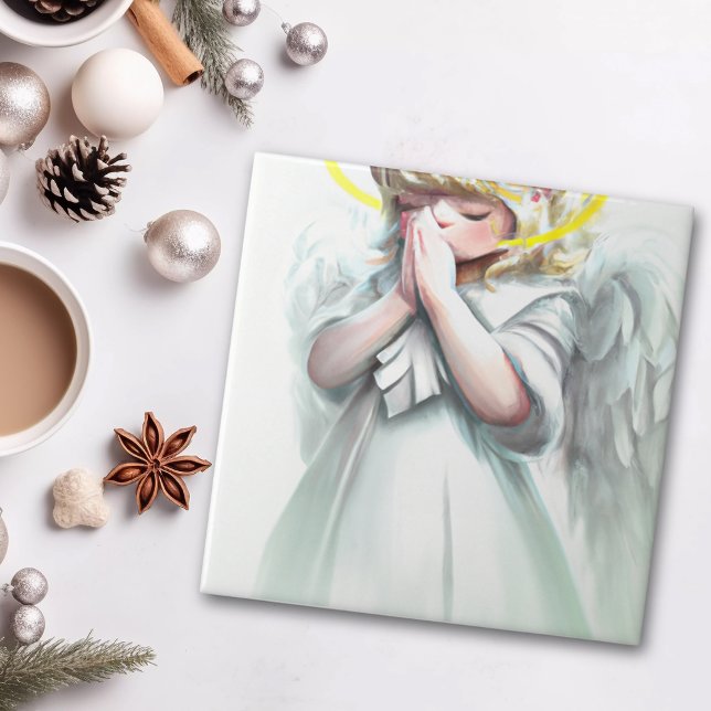 Praying Little Girl Angel with Wings Tile (Ceramic Tile)