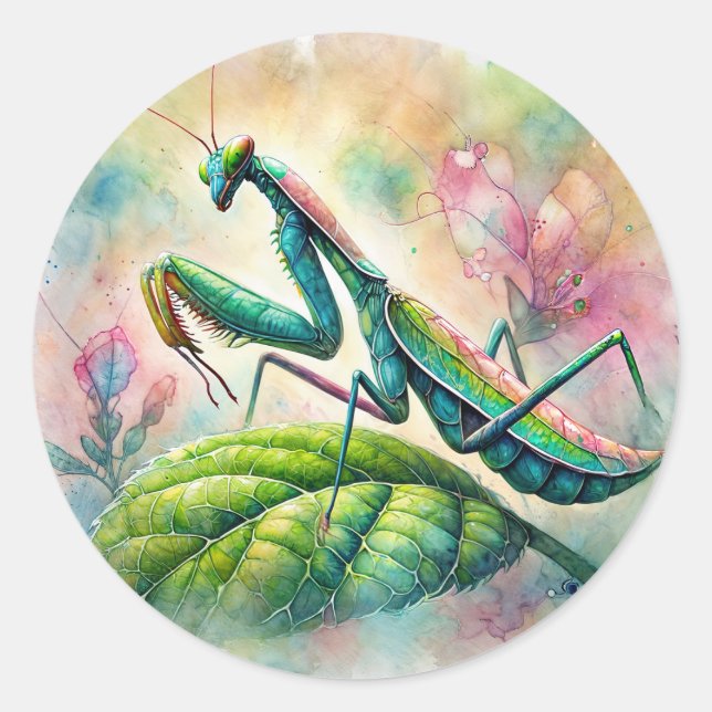 Praying Mantis On Leaf Watercolor Classic Round Sticker (Front)