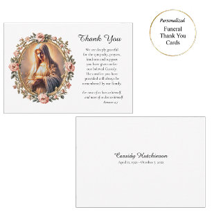 Praying Virgin Mary Rose Frame Catholic Funeral Thank You Card