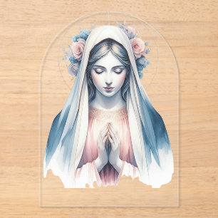 Praying Virgin Mary Watercolor – Blue & Pink Moder Acrylic Invitations