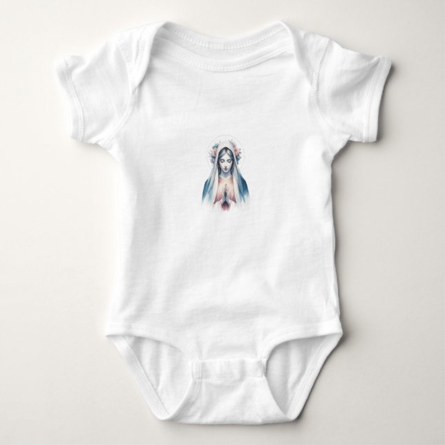 Praying Virgin Mary Watercolor – Blue & Pink Moder Baby Bodysuit (Front)