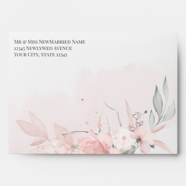 Pre-Addressed Blush Pink Watercolor Roses Envelope (Front)