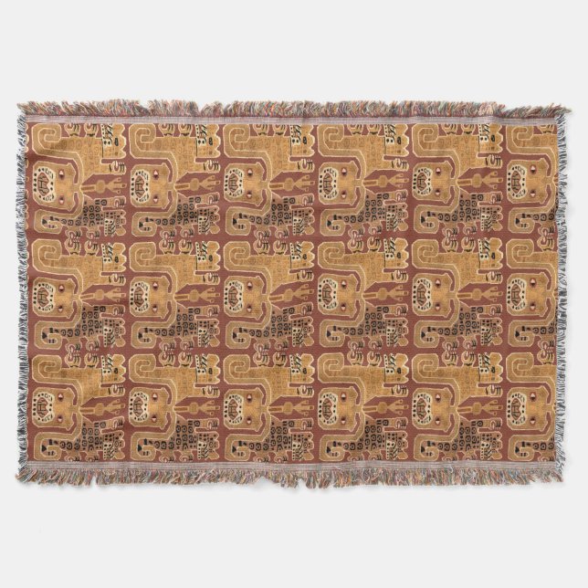 Pre-Columbian Peruvian Wari Tribal Jaguar Pattern Throw Blanket (Front)