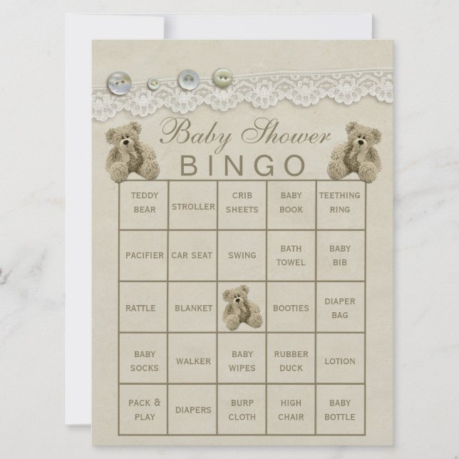 Pre Filled Customisable Teddy Baby Shower Bingo (Front)