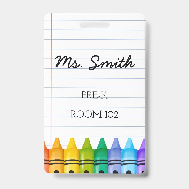 Pre-K Daycare Teacher Badge with Primary Crayons ID Badge (Front)