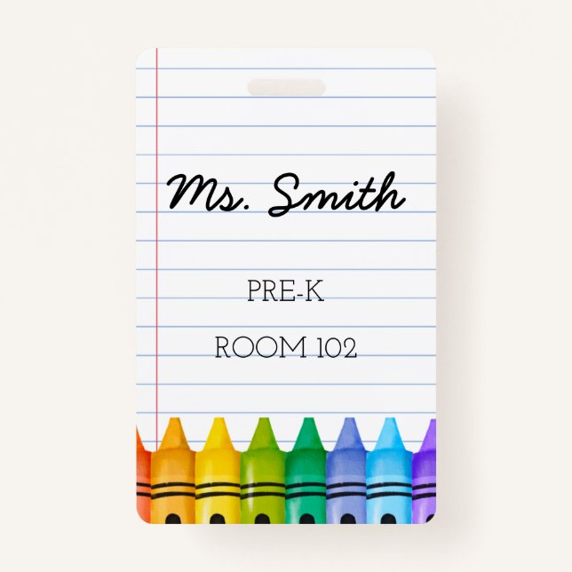 Pre-K Daycare Teacher Badge with Primary Crayons ID Badge (Front)