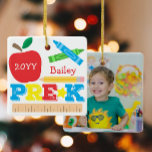 Pre-K Preschool Keepsake Apple Crayon Pencil Photo Ceramic Ornament<br><div class="desc">Pre-K photo ornament design features an apple, a ruler, crayons and bold, colourful fun typography! Click the customise button for more options for modifying the text! Variations of this design, additional colours, as well as coordinating products are available in our shop, zazzle.com/store/doodlelulu. Contact us if you need this design applied...</div>