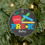 Pre-K Preschool Keepsake Apple Crayons Chalkboard Ceramic Tree Decoration<br><div class="desc">Pre-K ornament design features an apple, a pencil, colourful crayons and bold, fun typography! Click the customise button for more options for modifying the text! Variations of this design, additional colours, as well as coordinating products are available in our shop, zazzle.com/store/doodlelulu. Contact us if you need this design applied to...</div>
