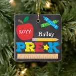 Pre-K Preschool Keepsake Chalkboard Colourful Ceramic Ornament<br><div class="desc">Pre-K ornament design features an apple, a ruler, crayons and bold, colourful fun typography! Click the customise button for more options for modifying the text! Variations of this design, additional colours, as well as coordinating products are available in our shop, zazzle.com/store/doodlelulu. Contact us if you need this design applied to...</div>