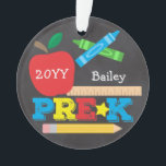 Pre-K Preschool Keepsake Chalkboard Colourful Ornament<br><div class="desc">This Pre-K ornament features an apple, a ruler, crayons and bold, colourful fun typography! Click the customise button for more options for modifying the text! Variations of this design, additional colours, as well as coordinating products are available in our shop, zazzle.com/store/doodlelulu. Contact us if you need this design applied to...</div>