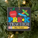 Pre-K Preschool Teacher Keepsake Bright Chalkboard Ceramic Ornament<br><div class="desc">Pre-K teacher ornament design features an apple, crayons, a pencil and bold, colourful fun typography! Click the customise button for more options for modifying the text! Variations of this design, additional colours, as well as coordinating products are available in our shop, zazzle.com/store/doodlelulu. Contact us if you need this design applied...</div>