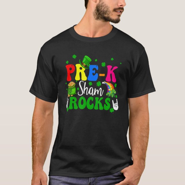 Pre-k Shamrocks Funny Rock Hands Shamrocks Patrick T-Shirt (Front)