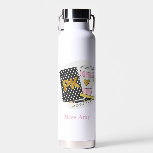 Pre K Teacher Black Notebook Heart Coffee Custom Water Bottle (Front)