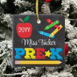 Pre-K Teacher Keepsake Chalkboard Colourful Ceramic Ornament<br><div class="desc">Pre-K teacher ornament design features an apple, a ruler, crayons and bold, colourful fun typography! Click the customise button for more options for modifying the text! Variations of this design, additional colours, as well as coordinating products are available in our shop, zazzle.com/store/doodlelulu. Contact us if you need this design applied...</div>