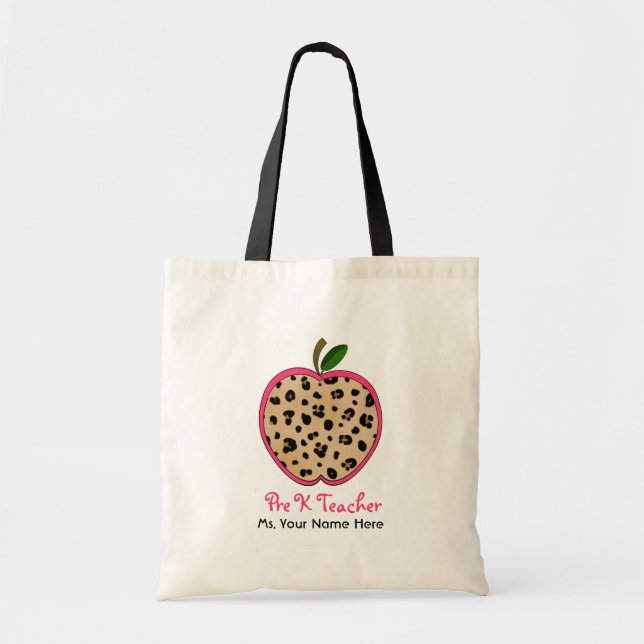 Pre K Teacher Leopard Print & Pink Apple Tote Bag (Front)