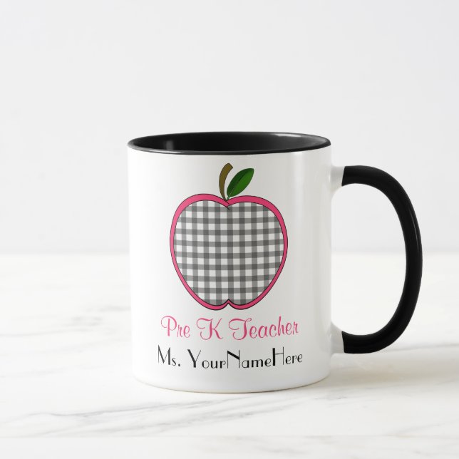 Pre K Teacher Mug - Grey Gingham Apple w Pink (Right)
