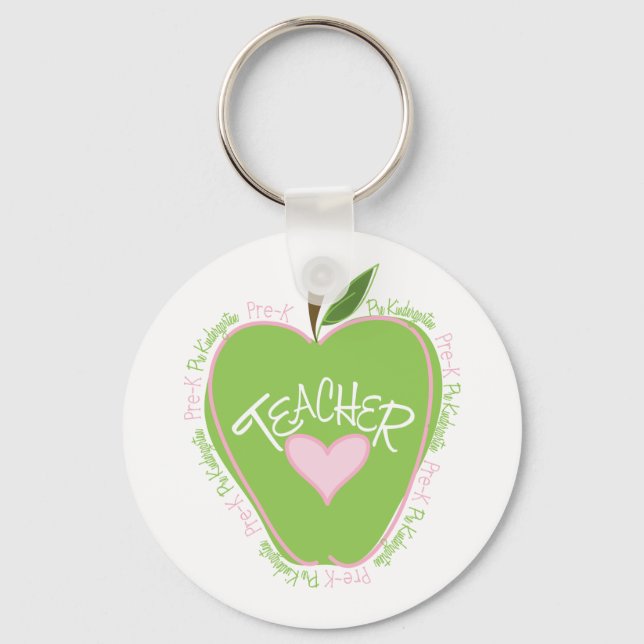 Pre K Teacher Pink and Green Apple Key Ring (Front)