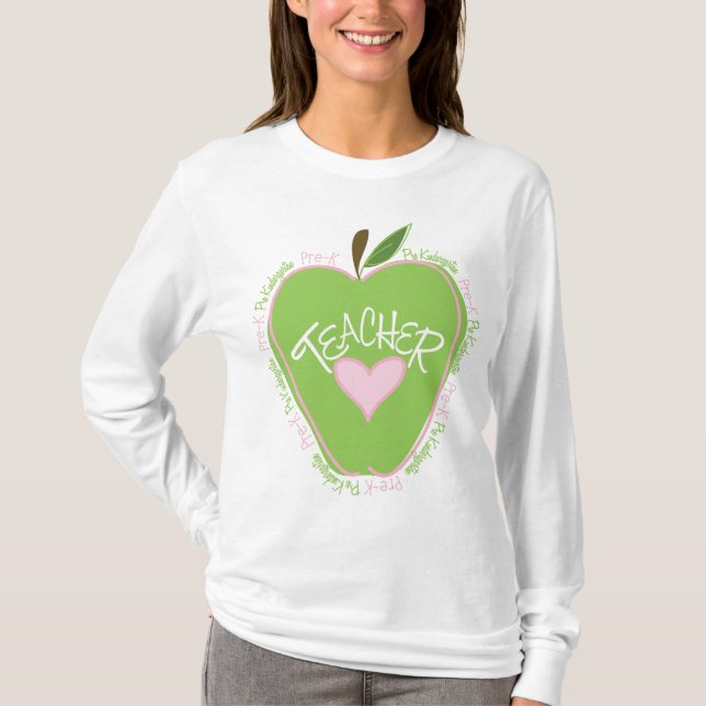 Pre K Teacher Pink and Green Apple T-Shirt (Front)