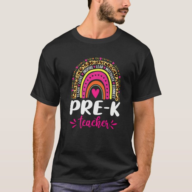 Pre K Teacher Rainbow Leopard Back To School T-Shirt (Front)