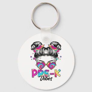 Pre K Vibes Messy Bun Girl Ck To School First Day  Key Ring