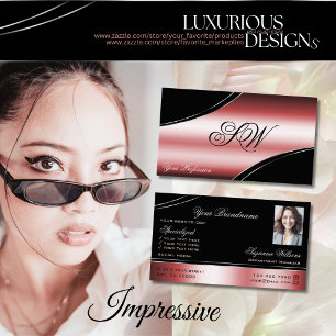 Precious Black Red Curved Lines Monogram and Photo Business Card