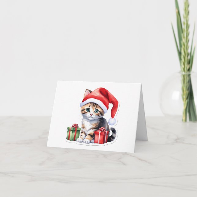 Precious Brown Tabby Santa Kitten BLANK  Holiday Card (Front)
