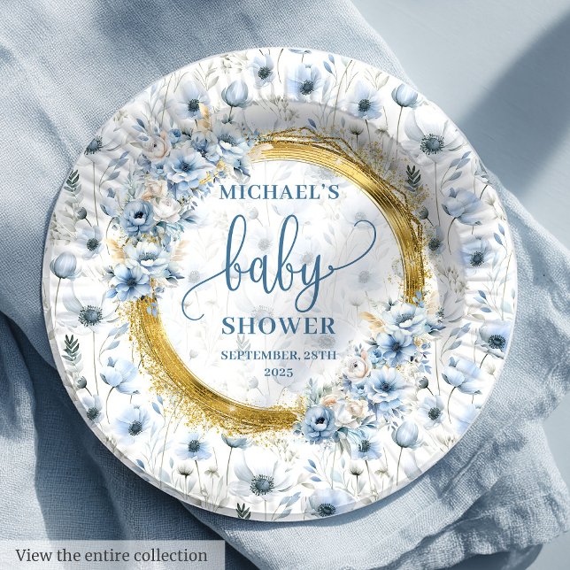 Precious dusty blue watercolor flowers gold shower paper plate (Precious dusty blue watercolor flowers gold shower Paper Plates)