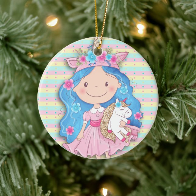 Precious Girl Cutie with Unicorn Christmas Ceramic Tree Decoration (Tree)
