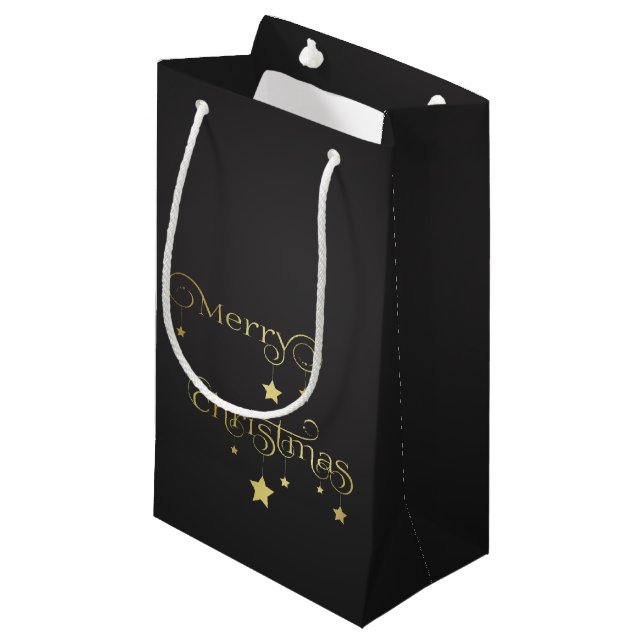 Precious Gold Merry Christmas Stars Small Gift Bag (Front Angled)