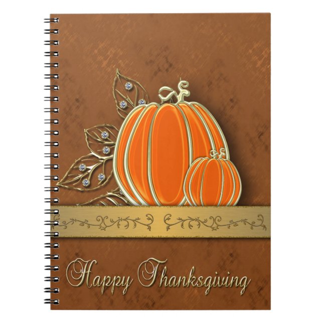 Precious Gold Thanksgiving Pumpkin Leaves Spiral Notebook (Front)
