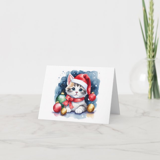 Precious Grey and White Santa Kitten BLANK  Holiday Card (Front)
