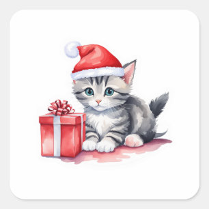 Precious Grey and White Santa Kitten Square Sticker