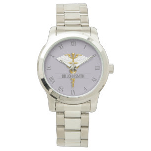 Precious Medical Gold Caduceus White Wings Name Watch