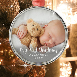Precious My First Christmas Childs Photo Name Year Metal Tree Decoration