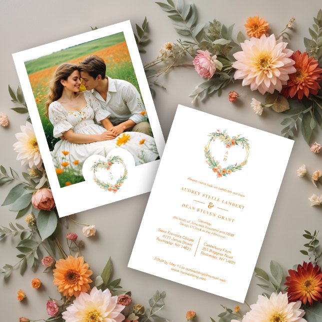 Precious Orange Green Floral Heart Wreath Wedding Invitation (Cherish Romantic Orange & Green Floral Heart Shape Wreath Wedding Invitations Cards with Initials.)
