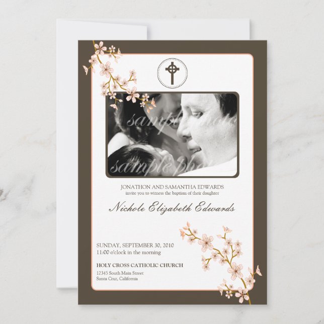 Precious Peach Cherry Blossom Baptism Invitation (Front)