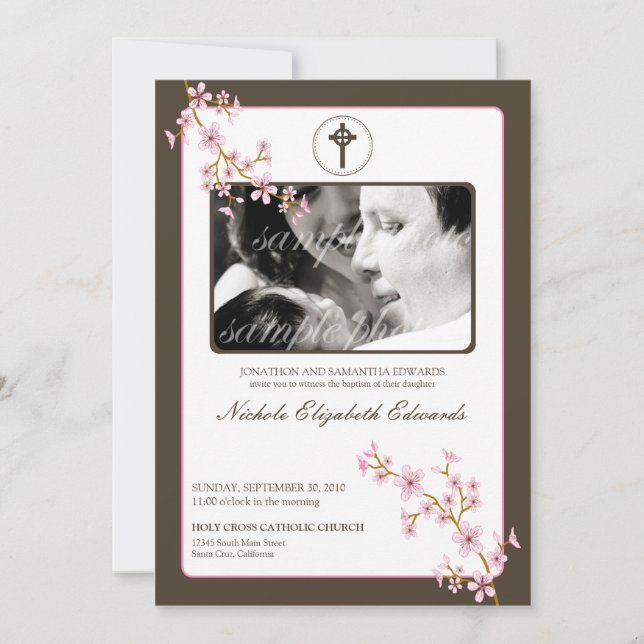 Precious Pink Cherry Blossom Baptism Invitation (Front)