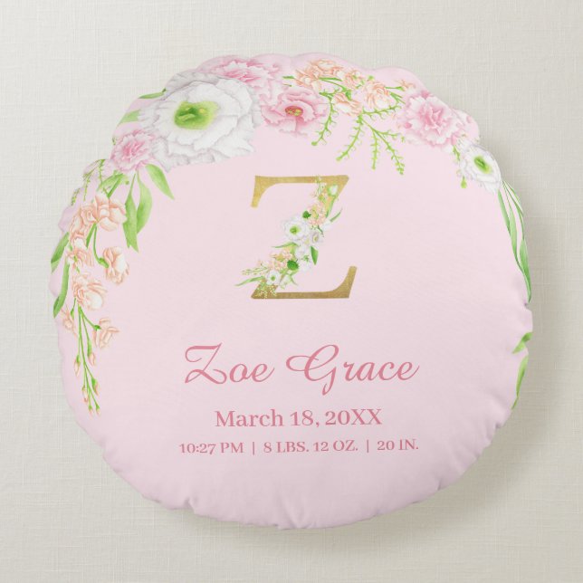 Precious Pink Gold Monogram "Z" Baby Girl Stats Round Cushion (Front)