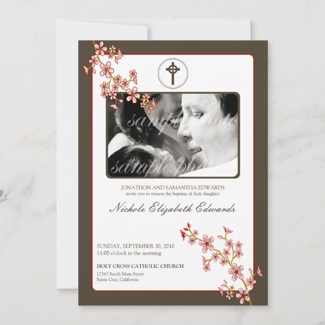 Precious Red Cherry Blossom Baptism Invitation (Front)