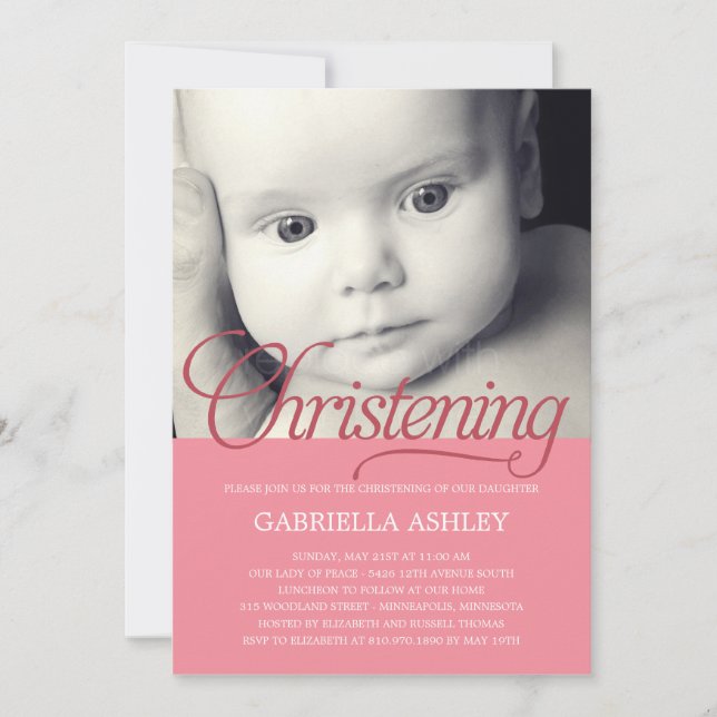 Precious Script Photo Christening Invitation -Pink (Front)