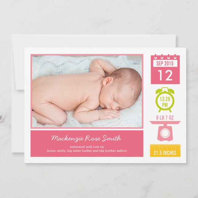 Precious Statistics Birth Announcement - Pink (Front)