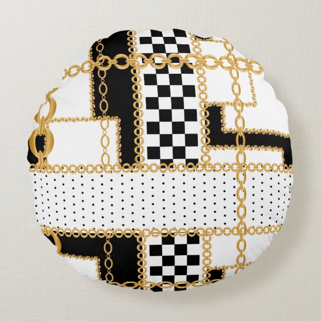 Precious stones, gold chains, seamless pattern. round cushion (Front)