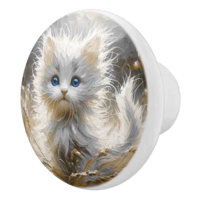 Precious White Kitten  Ceramic Knob (Right)