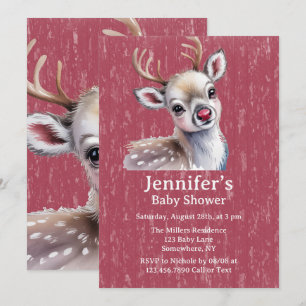 Precious White Reindeer Red Shiny Nose Baby Shower Invitation